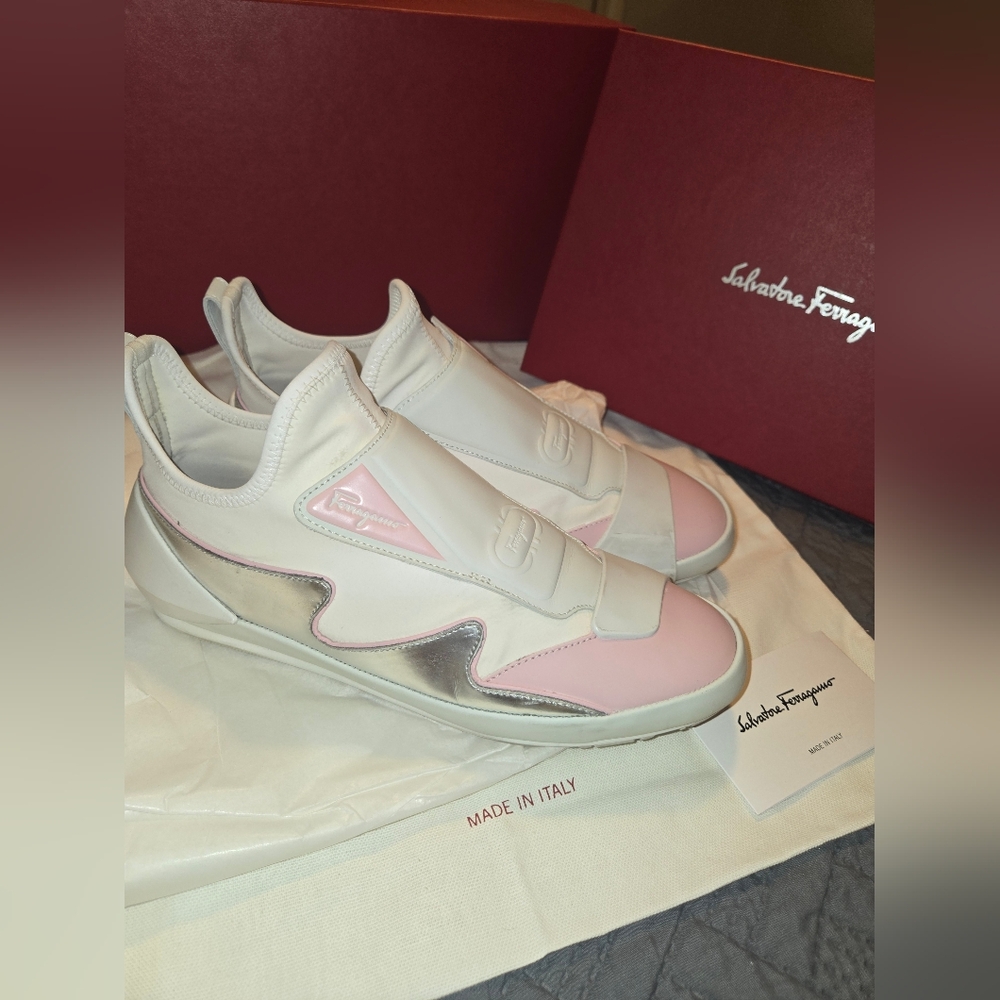 Ferragamo Nile Neoprene leather women's Sock sneakers Pink and white 8.5/ 39 - Picture 6 of 14